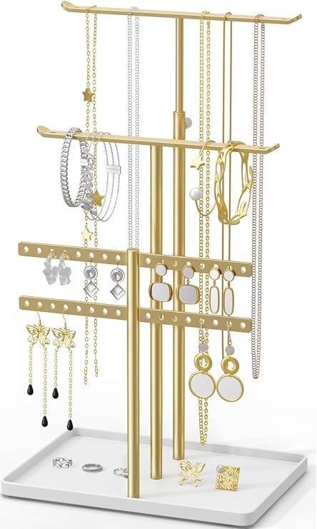 susswiff Jewelry Holder Organizer Stand - Adjustable Jewelry Tree 17.5" Height (Max), Jewlery Hanger for Necklaces, Bracelets, Earrings, Aesthetic for Storage and Display, Metal, Gold and White