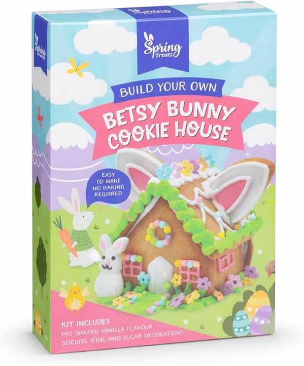 Build Your Own Bunny Cookie House Kit, Vanilla Flavour Biscuits with Coloured Icing and Sugar Decorations, No Baking Required, 182g. Ideal Spring Activity for Kids.
