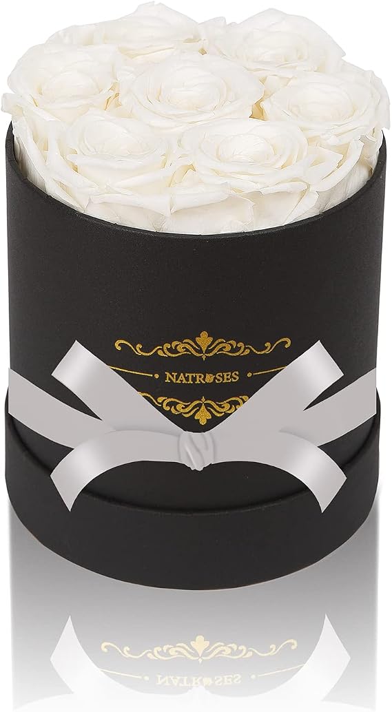NATROSES 7 Piece Preserved Roses in a Box, Preserved Flowers for Birthday, Flower Gifts for Mothers Day (White)