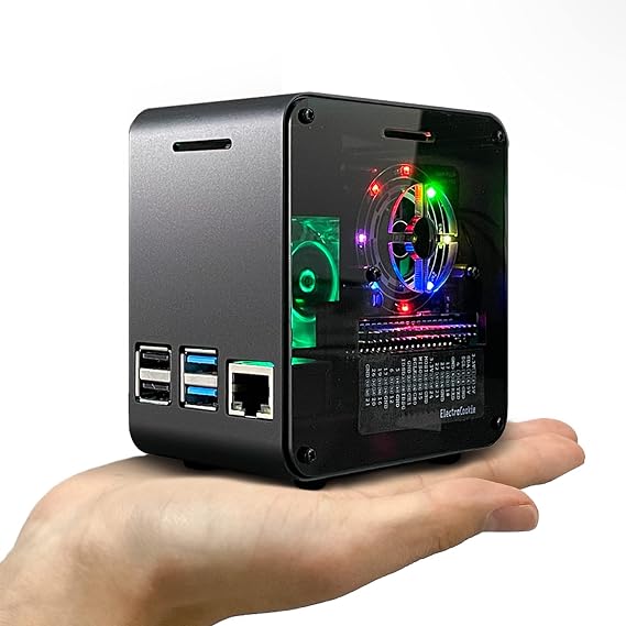 ElectroCookie Raspberry Pi 4 Case Aluminum Mini Tower Case with Cooling Fan and Color-Changing Ambient Light Matte Black & Dark Gray