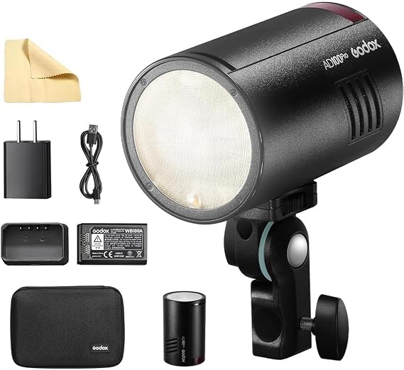 Godox AD100 Pro Godox 100Ws Pocket Flash Strobe 2.4G Wireless X System, 2600mAh Li-ion (360 Flashes), 1/8000s HSS, 0.01-1.5s Recycling, OLED Screen, 1.8W LED Model Light, TTL/Multi/M