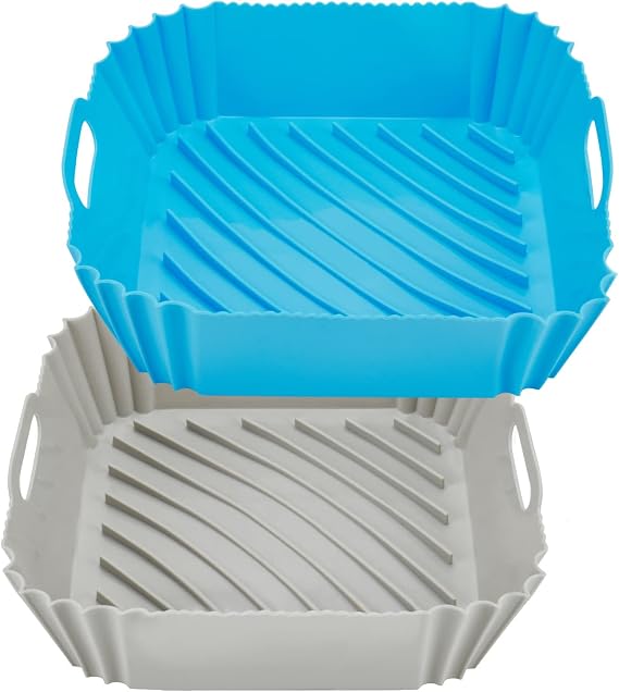 Air Fryer Liners Durable Air Fryer Silicone Liners Air Fryer Liners Square with Practical Handles Dishwasher and Oven Friendly Silicone Air Fryer Basket 2pcs (Blue+Grey)