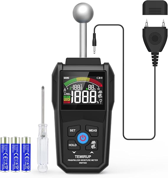 Pin & Pinless Moisture Meter with Color LCD & Acoustic Alarm, Detects up to 20-40 mm; Digital Moisture Detector for Wood, Drywall, Masonry & Other Building Materials