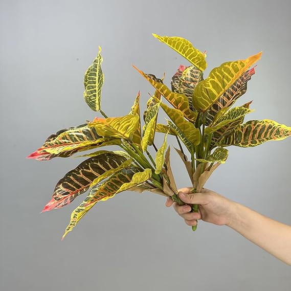 2Pcs Croton Artificial Plant with Colorful Leaves Lifelike Tropical Houseplant Bush Stems for Home Office Garden Pot Decoration