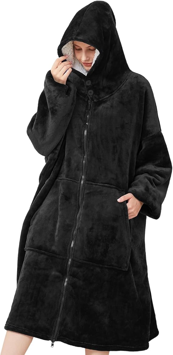 Wearable Blanket Hoodie for Women Men Sherpa Oversized Sweatshirt Blankets with Sleeve Pocket Adult Hoodies Black