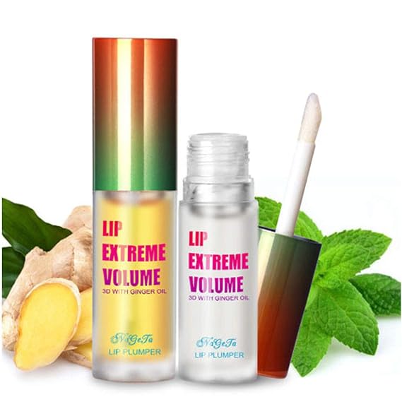2Pcs Lip Plumper Gloss Kit, Ginger Mint Lip Serum Plumping Lip Balm Makeup Moisturizes Plump Volume Eliminate Dryness Wrinkles Lipstick Treatment, Day & Night Lip Plumper Kit