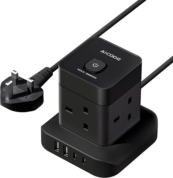 AICODE Cube Extension Lead with 4 USB Slot,4 Way Multi Plug Socket,2M,Black
