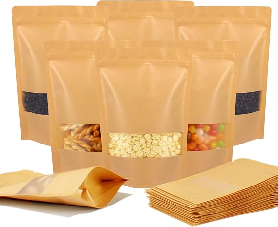100pcs 7.08x10.27" Kraft Stand Up Pouches Zip Lock Food Storage Bags with Matte Window Multipurpose Kraft Paper Bags Reusable, Heat-Sealable