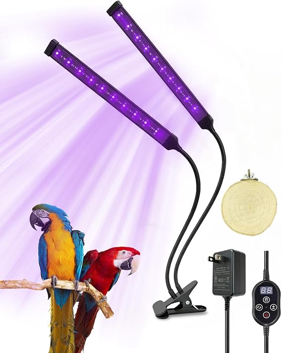 Bird Cage Light with UVA UVB, Full Spectrum Bird Lamp for Parrots | Dual-Head, 3 Modes, 4 UVB Levels (1.0-3.5), 24H Timer, 68 LEDs, Solid Wood Perch Included