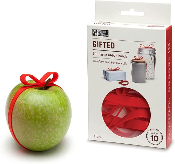 Monkey Business Gifted RED: Elastic Silicone Ribbon Bands for Gift Wrapping, Presents Packaging Solution, Super Saver Pack of 10 Bands in 2 Sizes