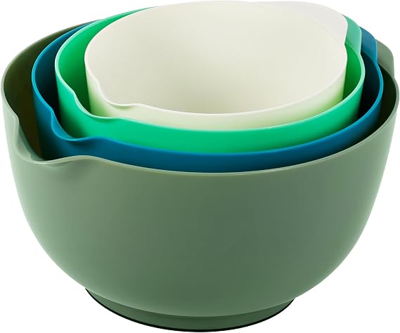 BoxedHome 4 Piece Mixing Bowl Set Made of BPA Free Plastic Army Green - with Pourer Non-Slip Base and Handle Stackable Dishwasher and Microwave Safe Ideal for Baking and Cooking