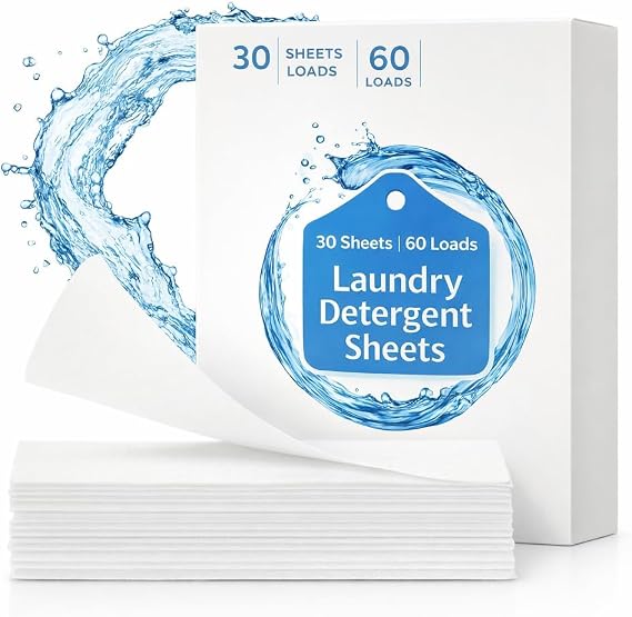 Laundry Detergent Sheets, 30 Laundry Soap Sheets 60 Loads, Travel Friendly Detergent Sheets, Eco Friendly Laundry Detergent Sheets, Compact Washer Sheets for Home & Travel Use