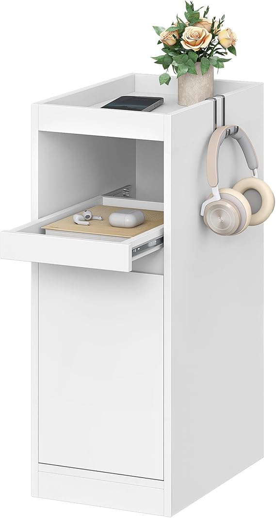 HEXCELEN Slim Bedside Table, Narrow Bedside Cabinet with Tray