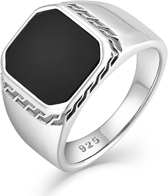 STARCHENIE Men's Genuine Black Onyx/Turquoise/Tiger Eye Sterling Silver Ring Vintage Square Gemstone Signet Pinky Ring for Men Jewelry Gift for Him Size 7-12