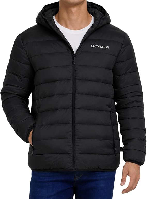 Spyder Puffer Jacket Men - Packable Lightweight Winter Coat with Hood | 38T0T nylon shell, soft-touch insulation, packs into inner zip pocket, reversed coil zipper, zippered hand pockets