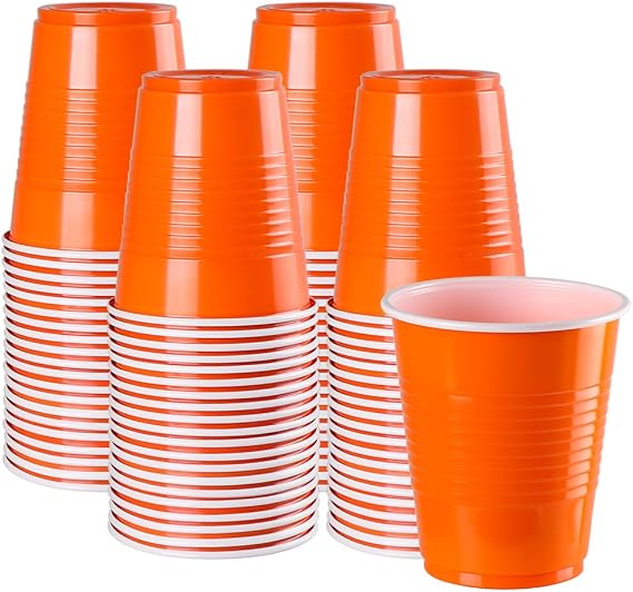 Disposable Plastic Cups, Colored Disposable Cups, 12 Ounce Plastic Party Cups, Strong and Sturdy Disposable Cups for Party, Wedding, Christmas, Halloween Party Cup, 100 Pack (Orange, 12OZ)