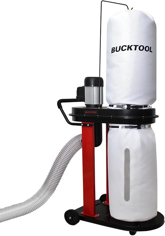 BUCKTOOL 1.2 HP Auto-Start Dust Collector, 750 CFM with 5 ft Flexible Hose | Three Collection Bags, 5.4-Cubic-Foot Capacity and Five-Piece Reducer for Woodworking Dust Extraction