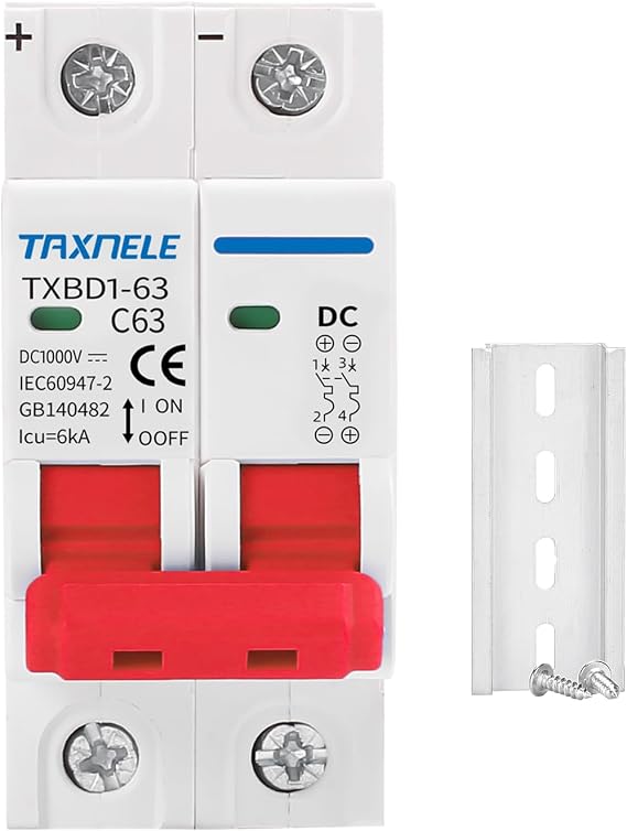 DC Miniature Circuit Breaker 2P 1000V 63A Solar Mini Circuit Breaker Battery Switch Thermal Magnetic Trip DIN Rail Mount Disconnect Switch MCB for Photovoltaic PV System (16A)