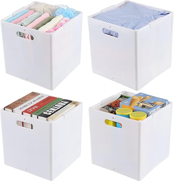 Yuright 4-Pack Collapsible Plastic Storage Cubes, Foldable Cube Storage Boxes, White