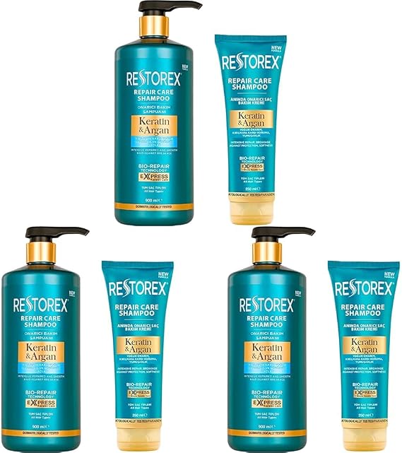 Restorex Keratin & Argan Onarıcı Saç Bakım Şampuanı 900 Mililitre, Yıpranmış ve Hasar Görmüş Saçlar (3 paketi)