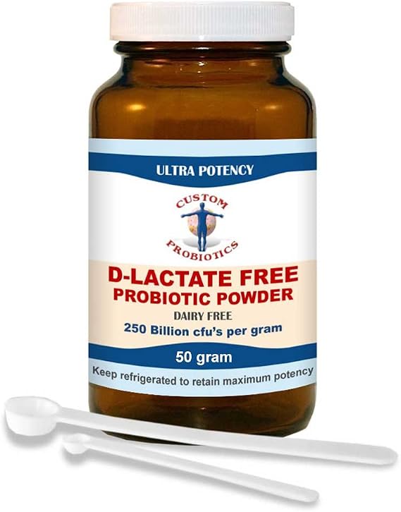 Custom Probiotics D-Lactate Free Probiotic Powder 250 Billion CFUs per Gram, 6-Strain High Potency Formula for Digestive & Microbiome Support, Dairy, Gluten & Soy Free (50 Gram Bottle)