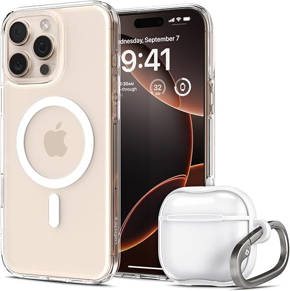 Spigen Ultra Hybrid T MagFit Designed for iPhone 16 Pro Max Case (2024) and Ultra Hybrid Designed for AirPods 4 Case (2024) Bundle - White