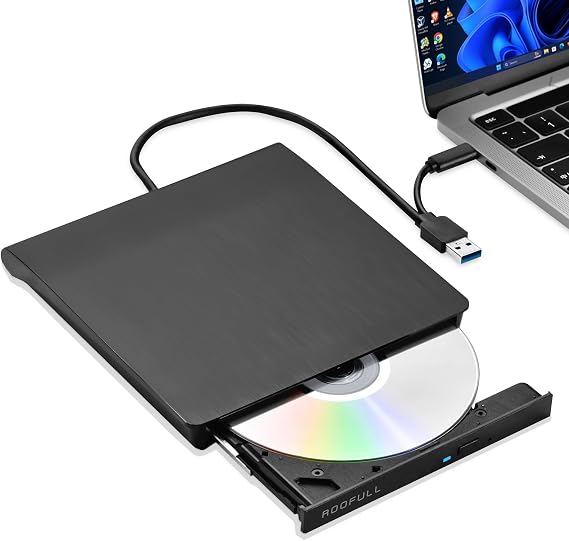 ROOFULL External CD DVD Drive for Windows 11/10/7 Laptop PC, USB 3.0 & USB-C CD DVD ROM Reader Writer +/-RW Disc Drive Burner Player Compatible for Windows OS Laptop Desktop Computer