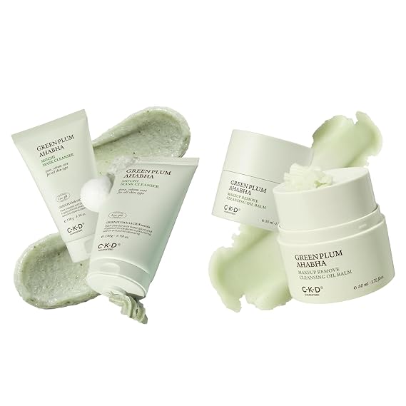 CKD Green Plum AHABHA Cleansing Set Mochi Face Mask Foam Cleanser (4.58 oz) + Grinding Cleansing Oil Balm (1.75 oz) Dual-Action Blackhead Removal Sebum Control & Deep Pore Cleanse Korean Skincare