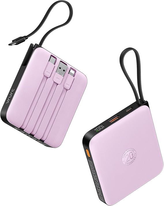 VRURC Portable Charger 10000mAh Battery Pack, Cell Phone Power Bank-Purple | Built-in Cables,22.5W Fast Charging,Slim,Travel Essentials,Airline-Approved,for iPhone 17/16/15 Series, Samsung Android