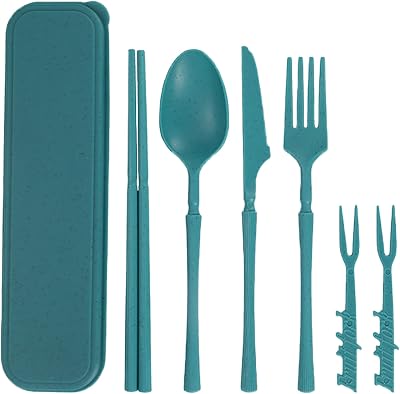 Reusable Travel Utensils Set with Case, Wheat Straw Portable Plastic Fork Spoon Knife Chopsticks Camping Cutlery, Eco-Friendly BPA Free Tableware Picnic Flatware for Kids Adults or Daily Use
