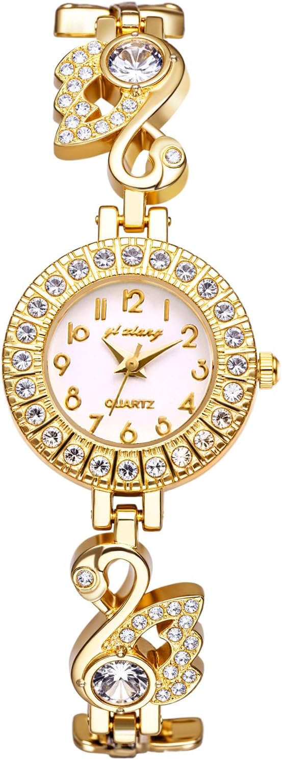 JewelryWe Iced-Out Watch for Women - Round Analog Quartz WristWatches Elegant Rhinestone Bangle Bracelet Watch for Ladies
