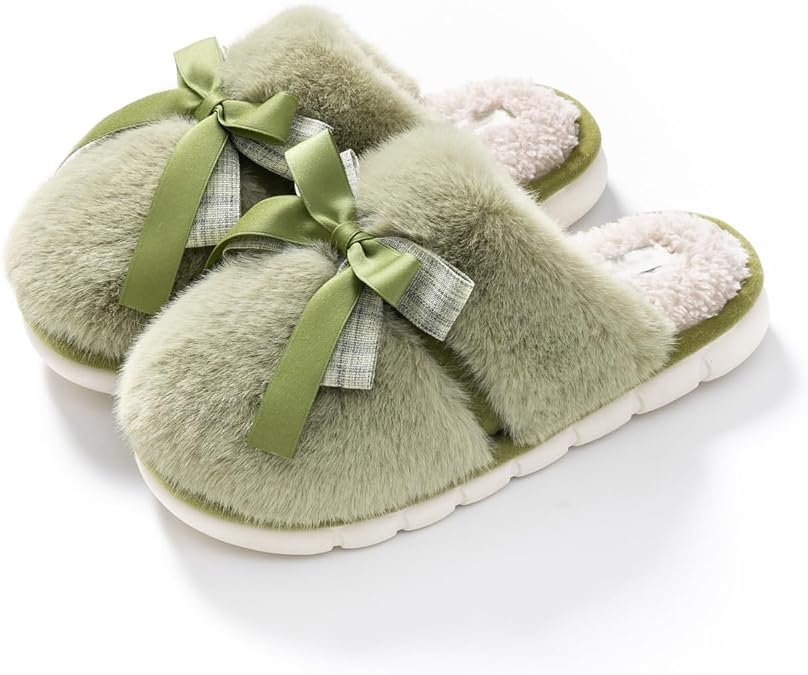 Cute Bow Slippers for Women, Fluffy House Shoes, Winter Plush Warm Home Bedroom Slippers Indoor Outdoor