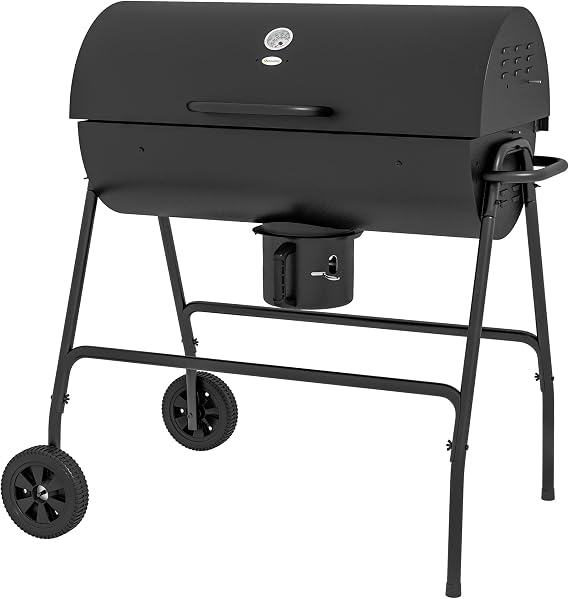 Barrel Charcoal BBQ Grill with 420 sq.in. Cooking Area, Outdoor Barbecue with Wheels, Ash Catcher and Built in Thermometer for Patio Picnic, Backyard Party, Black