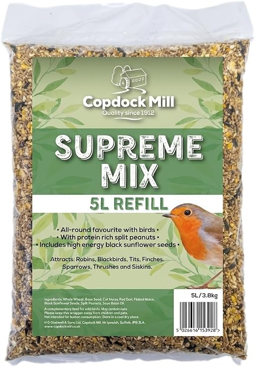 Copdock Mill Wild Bird Seed Supreme Mix, 5l Refill 3.8kg | All Life Stages, Black Sunflower Seeds, 5000 ml, Wild Bird Feeding