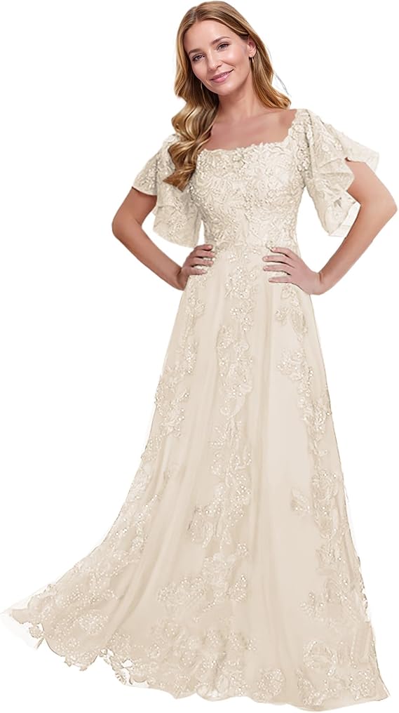 JAEDEN Mother of The Bride Dresses Long 2026 - Lace Sleeves Mother Groom Dresses for Wedding Champagne