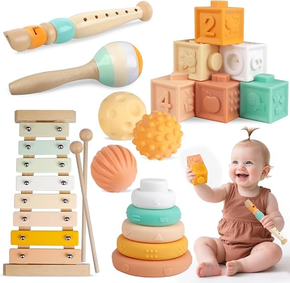 Meytccve Montessori Baby Toys 6 in 1, Wooden Musical Instruments Xylophone | Stacking Building Blocks, Sensory Balls, Infant Teething Toy, Birthday Gift for Toddlers Boys Girls