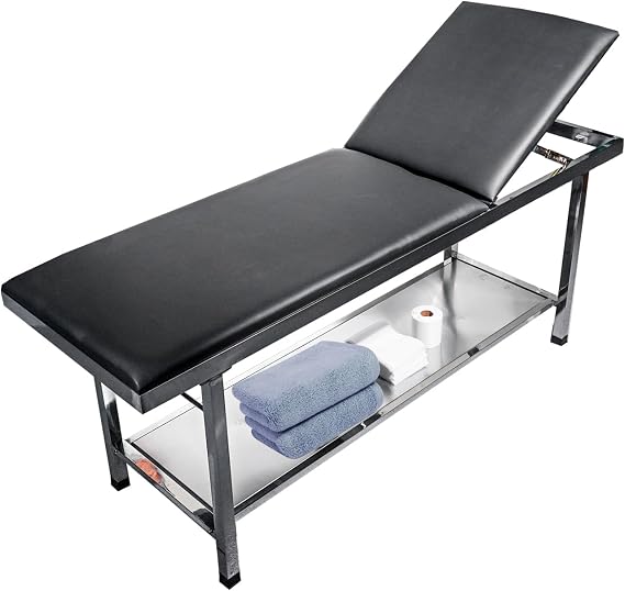 Advanced Examination Bed with Lower Storage Compartment and Paper roll Dispenser - Inspection Table/Adjustable backrest/Stirrups/Black/Stainless Steel,Maximum Weight Capacity: 480 lbs.