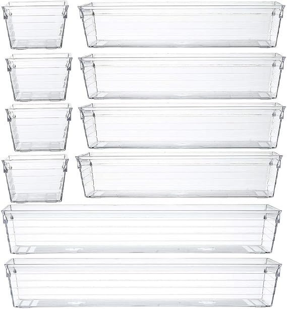 Clear Plastic Drawer Organizer Tray for Vanity Cabinet (Set of 10),Storage Tray for Makeup, Kitchen Utensils, Jewelries, and Gadgets