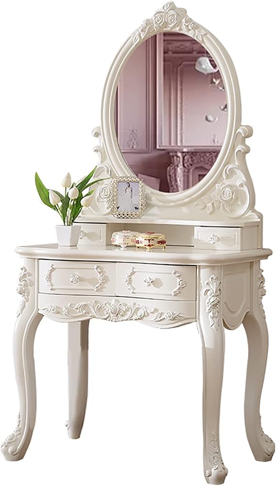 Makeup Vanity Set for Bedroom, Dresser Table European Style Dressing Table Bedroom French Simple Rural Princess Small Apartment For Women girls (Color : Without stool, Size : 106x162cm/42x64")