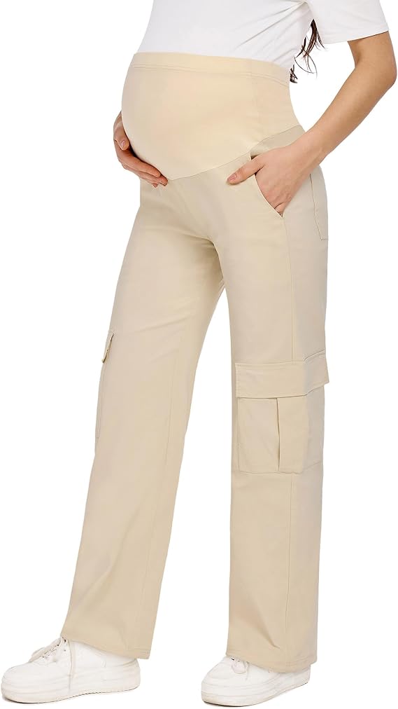 Maternity Quick-Dry Cargo Pants with 6 Functional Pockets | Soft stretchy maternity pants, loose comfy straight leg, suitable for outdoor hiking camping, scrubs work & postpartum