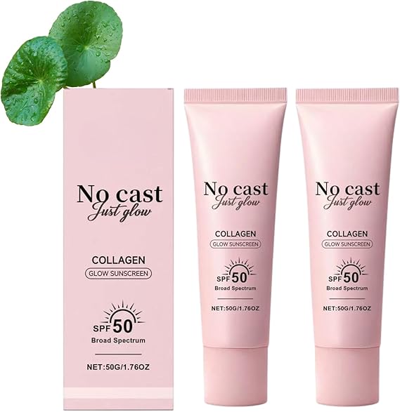 Collagen Glow Sunscreen SPF 50, No White Cast, Broad Spectrum UV Protection | Lightweight & Non-Greasy Daily Sunscreen-Collagen Face Sunscreen, Fast-Absorbing, Suitable for All Skin Tones, 2 PCS
