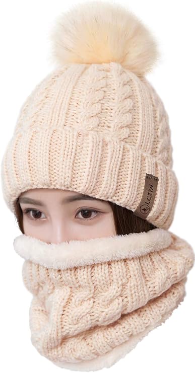 LCZTN Womens Pom Beanie Hat Scarf Set Girls Cute Winter Ski Hat Slouchy Knit Skull Cap with Fleece Lined