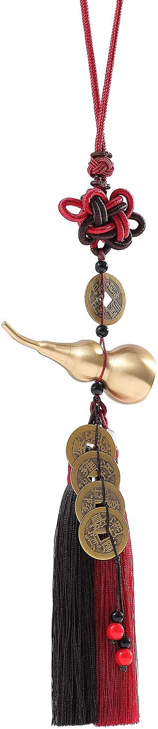Feng Shui Coins with Brass Calabash Wu Lou Hanging Decoration for Longevity Wealth Porsperity Success and Good Luck Car Charm Rear View Mirror Car Ornament for Travel Safely with Blessing Paper in it