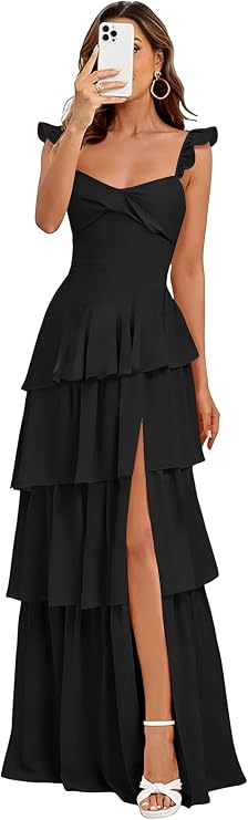 Tiered Spaghetti Straps Chiffon Bridesmaid Dresses Long 2026 Ruffle Formal Evening Dresses AS044