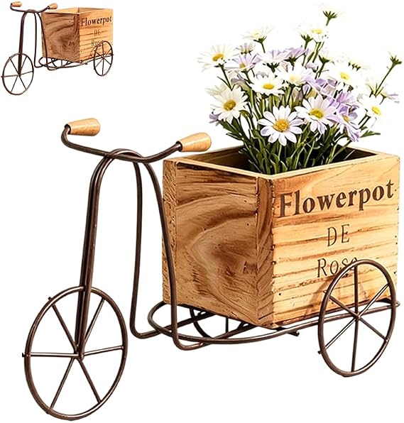 Metal Wood Tricycle Planter, Nostalgic Bicycle Shaped Flower Pot, Rustic Decorative Plant Holder for Home Garden Desk Patio Balcony