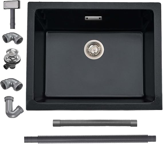 Quartz Black Kitchen Sink, 50x45cm/20x18in, Composite Inset/Undermount Kitchen Small Sink Waste Kit,Single Bowl Commercial with Overflow, Suitable for Workstation