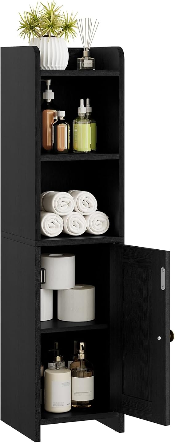 Lomojo Small Bathroom Storage Cabinet Corner, 20x20x78cm, Black | Freestanding Narrow Toilet Paper Holder, Organizers for Bathroom Small Spaces Floor Cabinet with Adjustable Shelves and Door