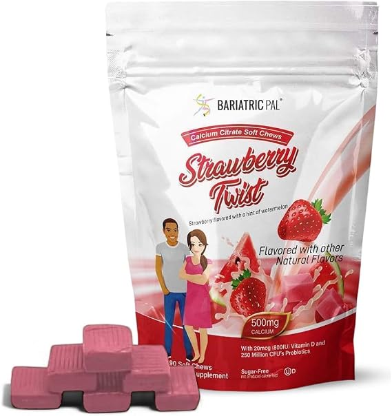BariatricPal Sugar-Free Calcium Citrate Soft Chews | 500mg with Vitamin D & Probiotics | Strawberry Twist | 90 Count (1 Month Supply)