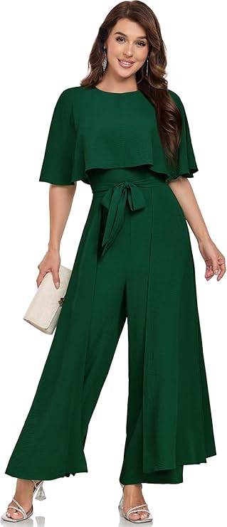 Jumpsuits for Women Dressy Casual One-Piece Outfits Elegant Formal Cape Belted Wide Leg Rompers Evening Pantsuits