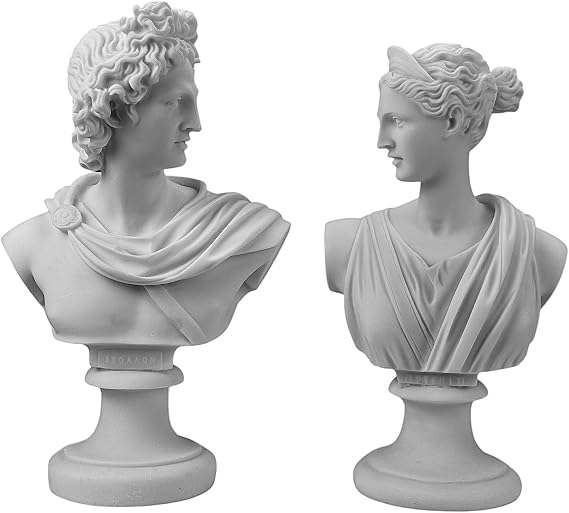 greekartshop Set of 2 Busts God Apollo & Goddess Artemis (Diana) Greek Cast Marble Sculptures, Handmade in Greece, Classical Mythology Collectibles
